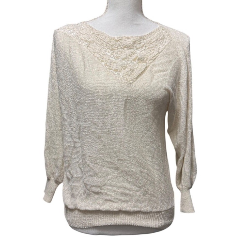 Vintage Campus Casuals Cream Lace‎ Knit Sweater Top Size L Cottagecore Soft Girl